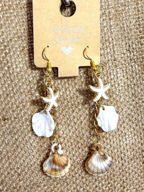 Gold-Tone Starfish and Shell Drop Earrings - White & Natural